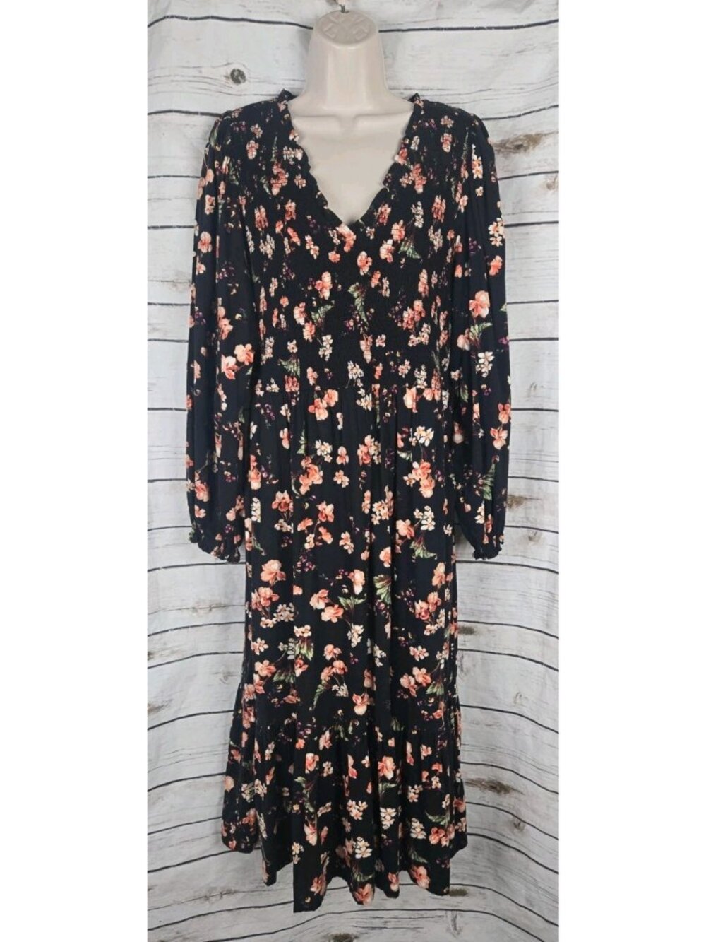 Old Navy Black Dark Floral Dress L Smocked Midi Whimsigoth Balloon Sleeve Ruffle